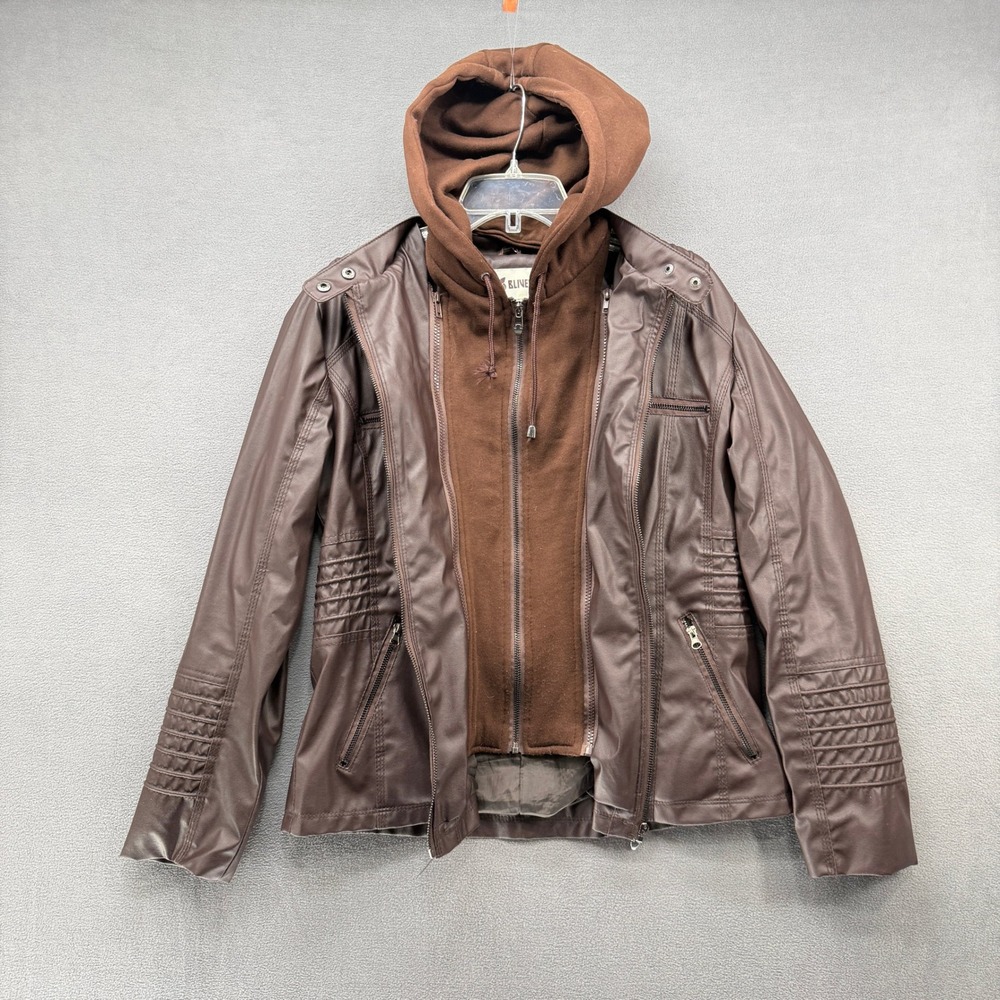 Blivener Moto Jacket Women XL Brown Faux Leather Removable Hood